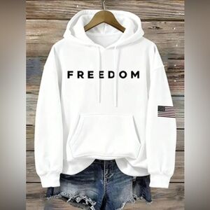 White Freedom Hoodie with Flag Patch. Charlie Kirk sweatshirt.
